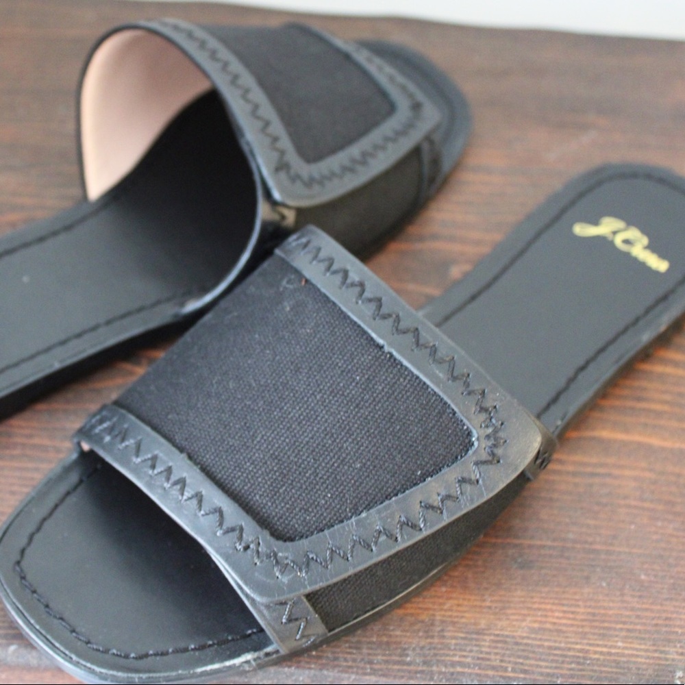 J.Crew Black Canvas Slides With Leather Trim